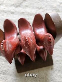 Folk Art Hand Carved Spinning Red Roosters Sculpture Spools Dark Brown Base