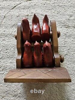Folk Art Hand Carved Spinning Red Roosters Sculpture Spools Dark Brown Base