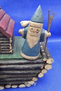 Folk Art Hand Made Vtg Log Noah's Ark & 10 Hand Carved & Painted Animals