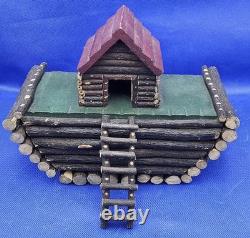 Folk Art Hand Made Vtg Log Noah's Ark & 10 Hand Carved & Painted Animals