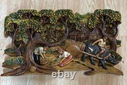 Folk Art High Relief Wood Carving Tropical Village Farm scene vintage 14x25