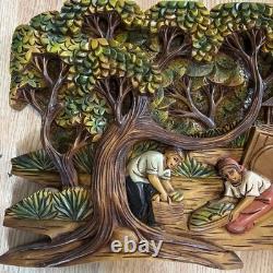 Folk Art High Relief Wood Carving Tropical Village Farm scene vintage 14x25