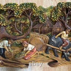 Folk Art High Relief Wood Carving Tropical Village Farm scene vintage 14x25