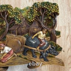 Folk Art High Relief Wood Carving Tropical Village Farm scene vintage 14x25