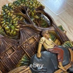 Folk Art High Relief Wood Carving Tropical Village Farm scene vintage 14x25