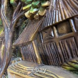 Folk Art High Relief Wood Carving Tropical Village Farm scene vintage 14x25