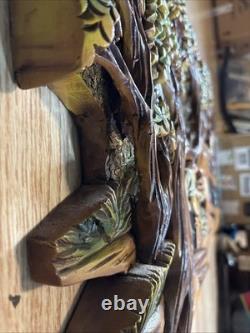 Folk Art High Relief Wood Carving Tropical Village Farm scene vintage 14x25