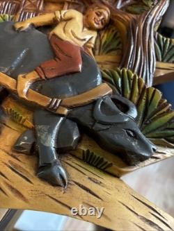 Folk Art High Relief Wood Carving Tropical Village Farm scene vintage 14x25