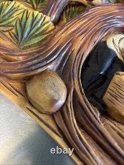Folk Art High Relief Wood Carving Tropical Village Farm scene vintage 14x25