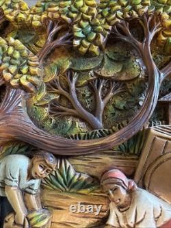 Folk Art High Relief Wood Carving Tropical Village Farm scene vintage 14x25