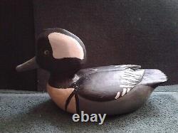 Folk Art Hooded Merganser Carved Wooden Duck Decoy, Raised Wing, BR or OR 1991