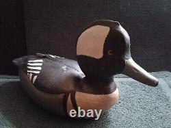 Folk Art Hooded Merganser Carved Wooden Duck Decoy, Raised Wing, BR or OR 1991