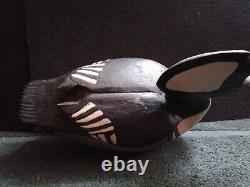 Folk Art Hooded Merganser Carved Wooden Duck Decoy, Raised Wing, BR or OR 1991