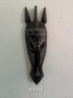 Folk Art Lot Of 3 Items Hand Carved Wooden Tribal Mask Wall Folk And Fly Whisk