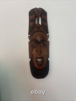 Folk Art Lot Of 3 Items Hand Carved Wooden Tribal Mask Wall Folk And Fly Whisk