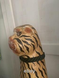 Folk Art Mid Century Modern Wood Tiger Statue Hand Carved & Painted