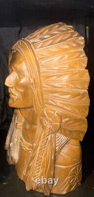 Folk Art Native American Indian Carved Wooden Bust