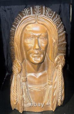 Folk Art Native American Indian Carved Wooden Bust