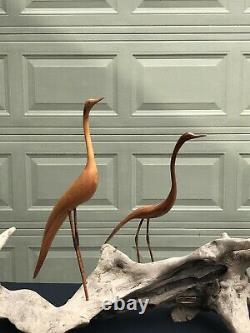 Folk Art Sculpture Carved Long Leg Shore Birds Beach Driftwood Base 52 Long