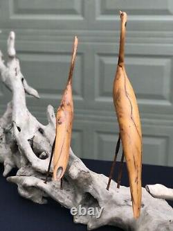 Folk Art Sculpture Carved Long Leg Shore Birds Beach Driftwood Base 52 Long