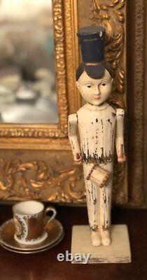 Folk Art Soldier Drummer Boy Sculpture Hand Carved Painted Statute Shabby Chic