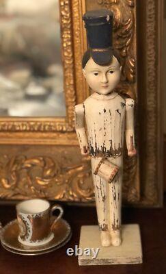 Folk Art Soldier Drummer Boy Sculpture Hand Carved Painted Statute Shabby Chic