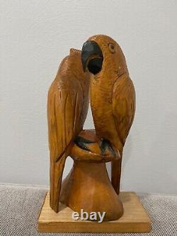 Folk Art Style Carved Wood 2 Parrots Birds Carving Statue Figure Sculpture