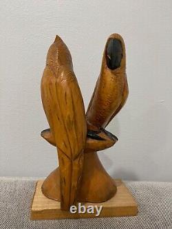 Folk Art Style Carved Wood 2 Parrots Birds Carving Statue Figure Sculpture