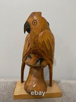 Folk Art Style Carved Wood 2 Parrots Birds Carving Statue Figure Sculpture