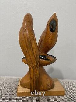 Folk Art Style Carved Wood 2 Parrots Birds Carving Statue Figure Sculpture