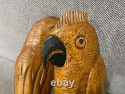 Folk Art Style Carved Wood 2 Parrots Birds Carving Statue Figure Sculpture