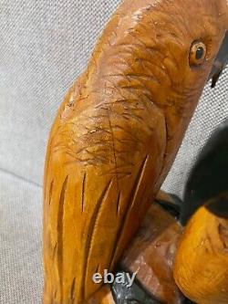 Folk Art Style Carved Wood 2 Parrots Birds Carving Statue Figure Sculpture