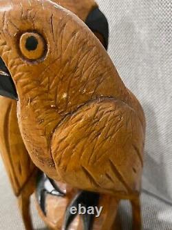 Folk Art Style Carved Wood 2 Parrots Birds Carving Statue Figure Sculpture