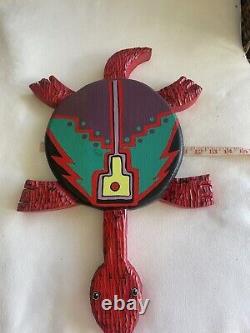 Folk Art Turtle Hand Carved and Painted Taos New Mexico Signed Vintage