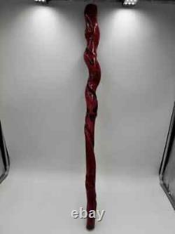 Folk Art Twisted Wood Hand Carved Painted Red Walking Stick