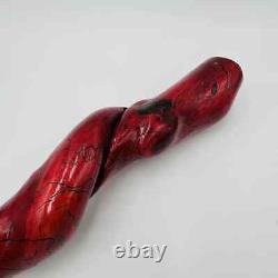 Folk Art Twisted Wood Hand Carved Painted Red Walking Stick