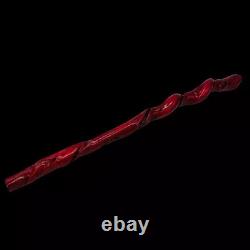 Folk Art Twisted Wood Hand Carved Painted Red Walking Stick
