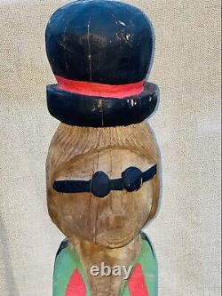 Folk Art Unique Hand Carved Wood Painted Statue Man Bowler Hat Glasses 36