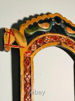 Folk Art Vintage Carved Wood & Painted Southwestern Frame, 2 Horse Heads & Birds