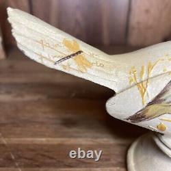 Folk Art Wood Bird Carved Hand Painted Metal Dragonfly Signed Art Piece