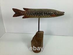 Folk Art Wood Carved & Painted Pike Fish 10 inches Long