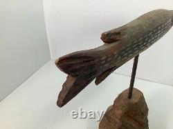 Folk Art Wood Carved & Painted Pike Fish 10 inches Long