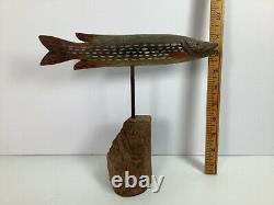 Folk Art Wood Carved & Painted Pike Fish 10 inches Long