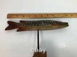 Folk Art Wood Carved & Painted Pike Fish 10 inches Long