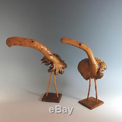 Folk Art Wood Carving Birds, Pair Burl Wood