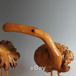 Folk Art Wood Carving Birds, Pair Burl Wood