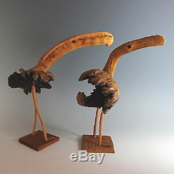 Folk Art Wood Carving Birds, Pair Burl Wood
