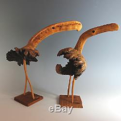 Folk Art Wood Carving Birds, Pair Burl Wood