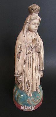 Folk Art Wood Hand Carved & Painted Praying Figure/Mary Pink & Blue 13