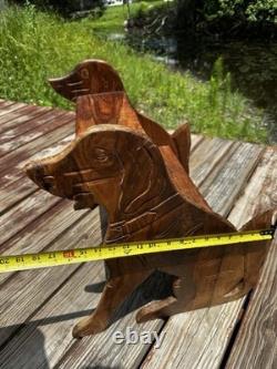Folk Art Wooden Dog Library Step Stairs Carved Design Decor